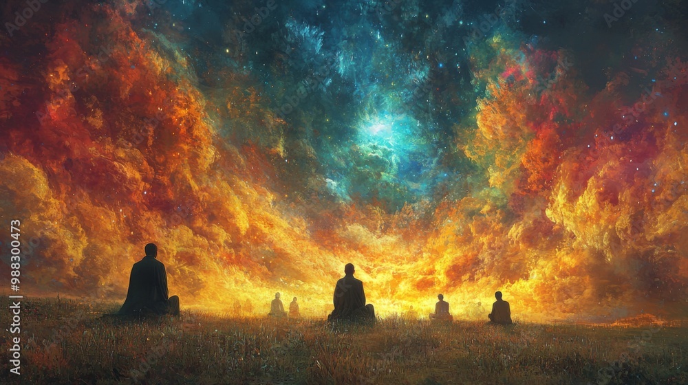 Aufkleber monks praying in a vast open field under a surreal, multicolored sky, symbolizing a deep connection 