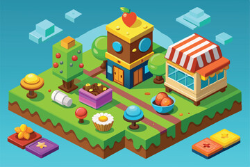 A vibrant isometric design showcasing a whimsical garden with playful trees, a sweet shop, and colorful treats fostering a delightful atmosphere.