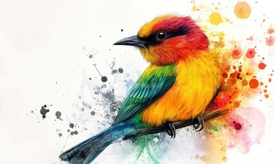 Obraz premium Colorful bird illustrations created using watercolor oil and fractal techniques against a contrasting black and white backdrop