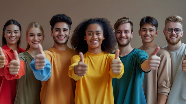 Studio team portrait of many happy international multicultural multiracial multiethnic males and females with optimistic approving attitude standing in row showing thumbs up togethe - Powered by Adobe