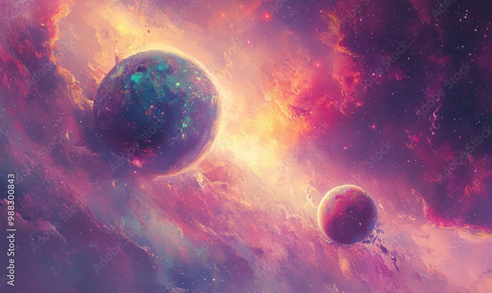 Poster Celestial scene depicting a planet accompanied by a moon in a cosmic setting showcasing vivid colors and intricate details of outer space