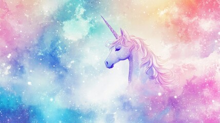 Fototapeta premium Pastel rainbow background featuring a whimsical unicorn in a sparkly sky A candy themed galaxy with a watercolor texture creates an enchanting feminine magic wallpaper in a holographic 2D cartoon