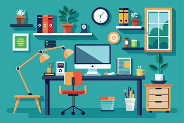 A stylish modern office workspace showcases a desk with plants, storage, and a computer, creating an inviting environment for productivity and creativity.