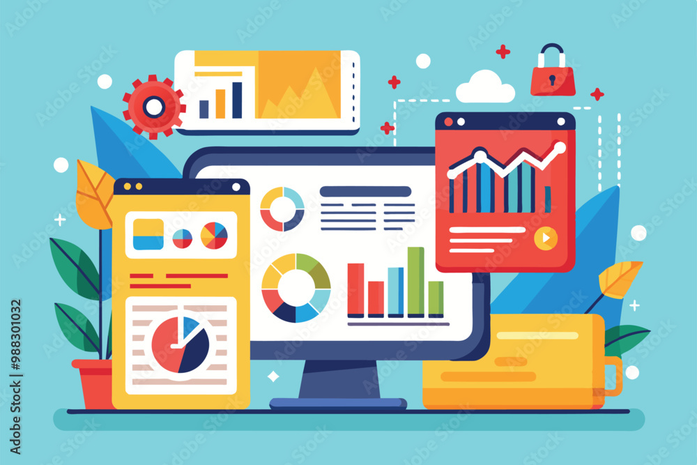 Poster a computer monitor showcases customizable design stats with charts, graphs, and data analytics in a 