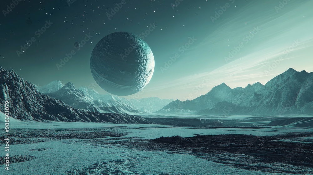 Poster futuristic sci fi wallpaper featuring a stunning cosmic landscape with a realistic exoplanet and int