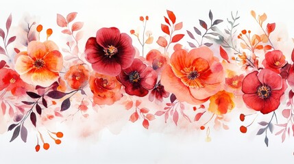 Vibrant red and orange watercolor floral arrangement on a white backdrop