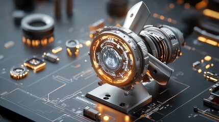 Advanced turbine with holographic data visualization, clean energy technology, futuristic design