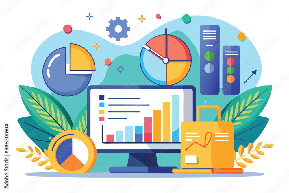 Poster a vibrant illustration showcases a computer screen with various graphs and charts surrounded by gree
