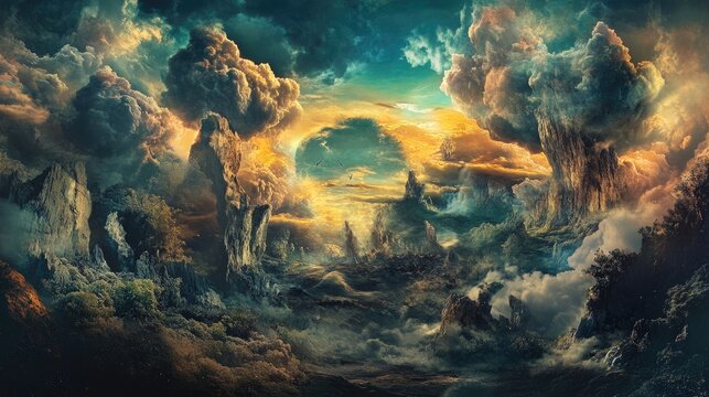 Surrealist imagery depicting dreamlike landscapes with abstract elements exploring themes of apocalypse and imagination