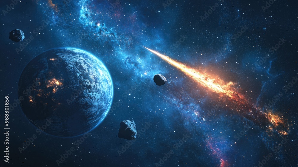 Aufkleber celestial bodies of a planet and galaxy in open space featuring a meteor and meteorite against a dee