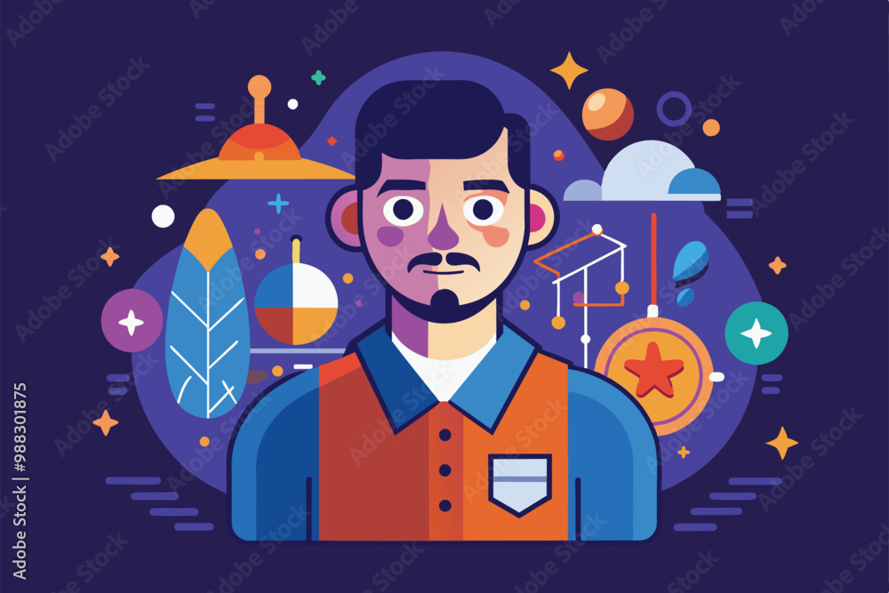 Poster a creative team member focuses on designing a custom illustration featuring vibrant shapes and eleme