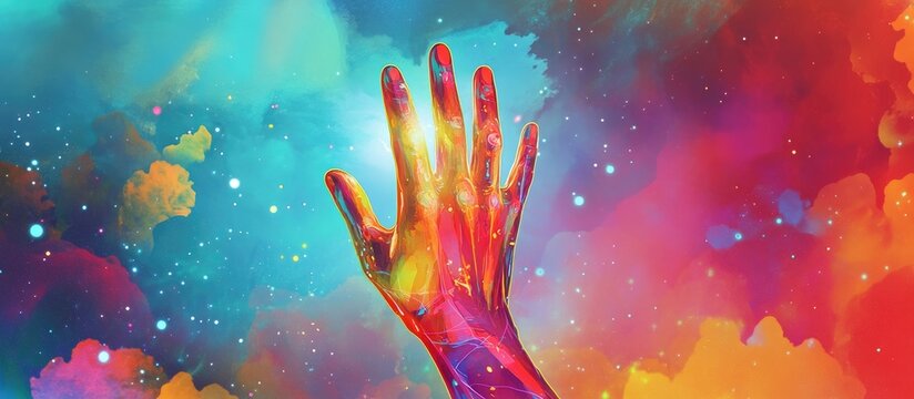 Surreal abstract illustration of a hand featuring character like fingers in a cosmic setting The rocket hand symbolizes leadership and management Suitable for poster and banner designs Psychedelic