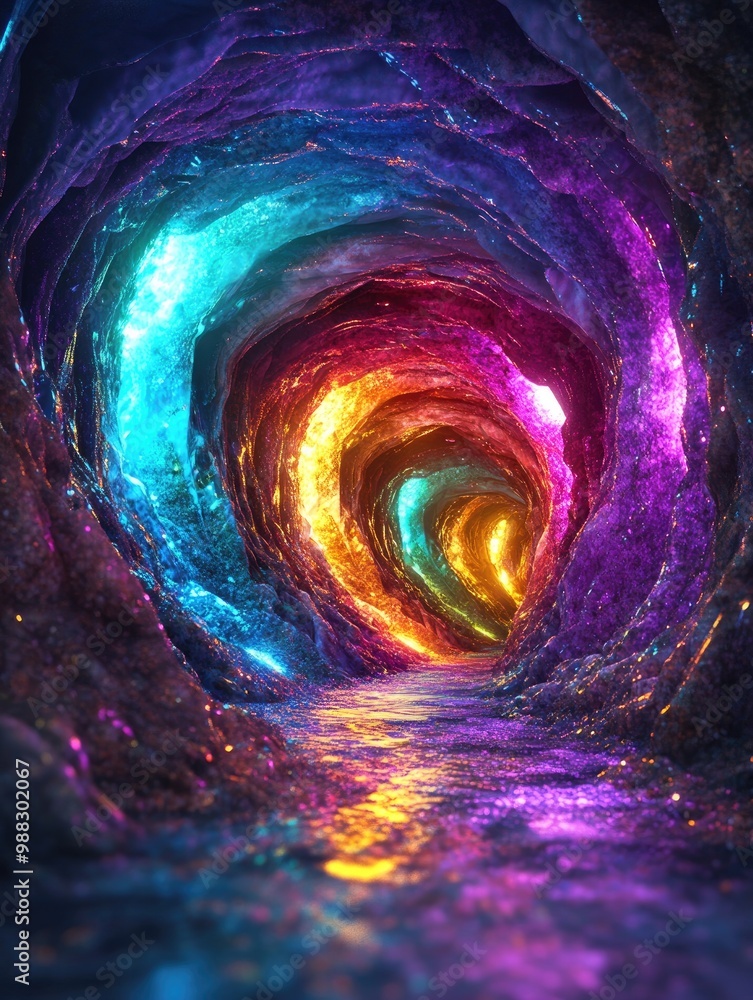 Poster fantasy 3d rendering of a tunnel illuminated with vibrant colors