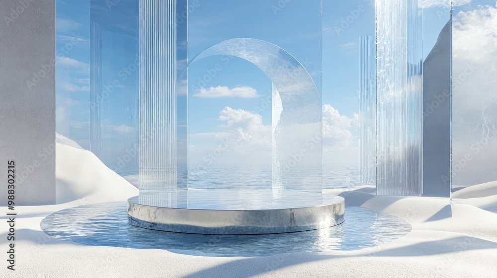 Aufkleber surreal 3d render featuring a round podium in water and white sand set against abstract glass shapes
