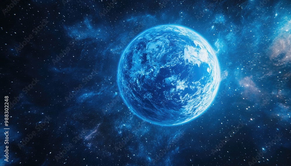 Poster 3d rendering of a blue planet with detailed elements