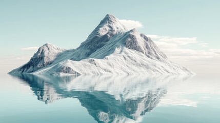 Surreal depiction of a mountain emerging from tranquil waters Conceptual nature scene illustrated in 3D rendering