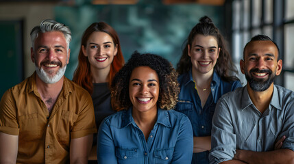 Team of happy diverse business people at work in office. Group of cheerful young and mature mixed race men and women in smart casual clothes looking at camera and smiling. Web banne