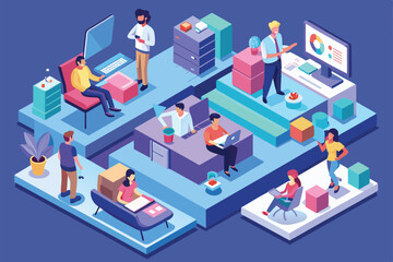 Obraz premium A diverse design team collaborates in a modern office workspace, actively engaging with technology and brainstorming creative ideas.