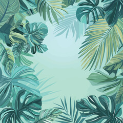 Tropical leaves seamless pattern, vector illustration with tropical leaves and palm tree leaves, dark blue background, vector art style, green color palette, high resolution, high contrast