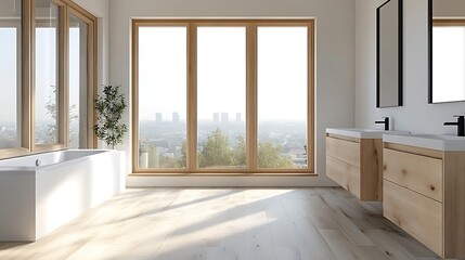Fototapeta premium A bright Scandinavian bathroom with large panoramic windows, natural light filling the space, and minimalist white walls. Light wooden cabinetry and modern black fixtures add contrast,