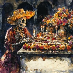 Fototapeta premium Skeleton in traditional attire lighting candles at an altar decorated with flowers and offerings, a celebration of ancestry and remembrance