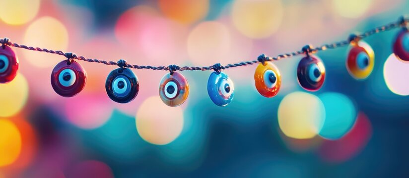 Colorful Evil Eye Bead String For Home Decor With Bokeh Background Vibrant Good Luck Beads For Protection Against Negativity And Attracting Fortune