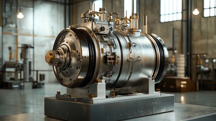 Crosssection of advanced hydroelectric generator, showcasing water flow and energy conversion