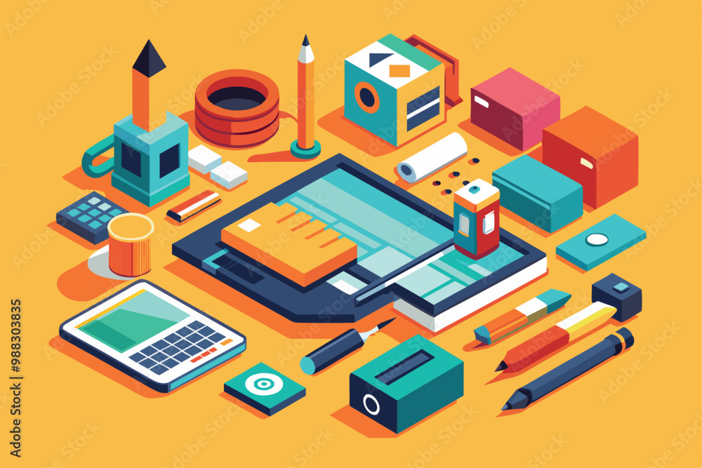 Poster an arrangement of various design tools and stationery items displayed creatively on a vibrant backgr
