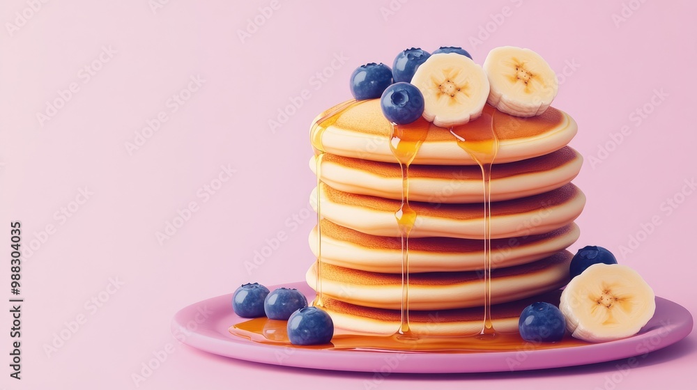 Poster stacked pancakes with banana slices and blueberries drizzled with maple syrup