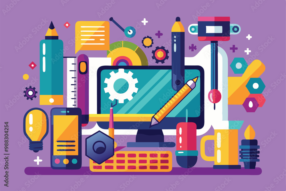 Poster a dynamic layout showcasing various design tools including a computer, pencils, and measuring instru