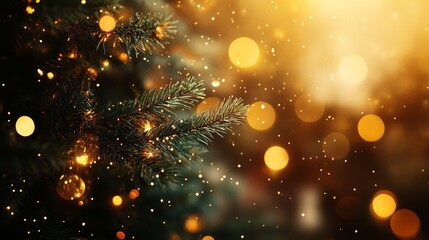 Naklejka premium Christmas tree with gold blurred lights. Christmas background