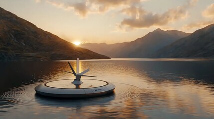Floating turbine with advanced sensors, clean hydropower technology, futuristic design concept