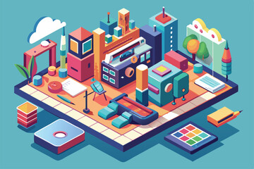 Fototapeta premium A lively workspace showcases colorful tools and buildings, highlighting creativity and design activities in a contemporary urban environment.