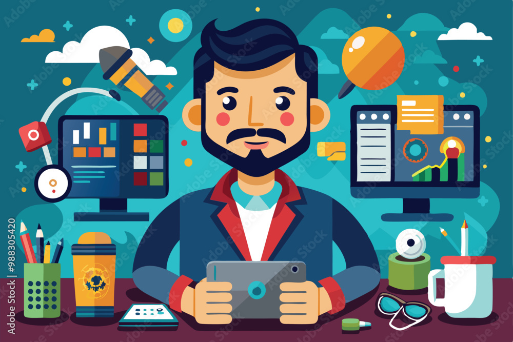Poster a designer focuses on creating customizable cartoon illustrations while seated at a desk with multip