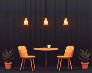 Cafe seating arrangement, tables and chairs displayed symmetrically, flat design illustration