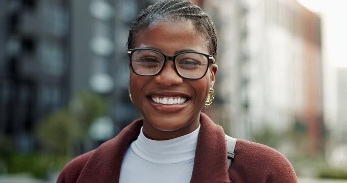 Face, glasses and happy black woman in city for vision, eye care and laughing outdoor. Portrait, eyewear and African entrepreneur in street with business consultant adjusting spectacles in New York