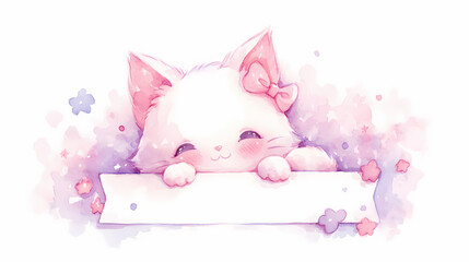 Adorable cartoon cat with a pink bow, peeking over a blank sign with a soft watercolor background.