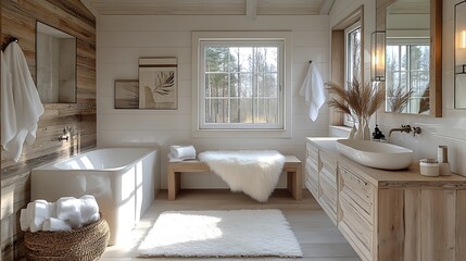 A cozy, modern bathroom featuring light wood cabinets, white walls, and soft, fluffy towels. The warm wood tones and soft lighting create a serene, welcoming atmosphere that feels fresh and inviting,