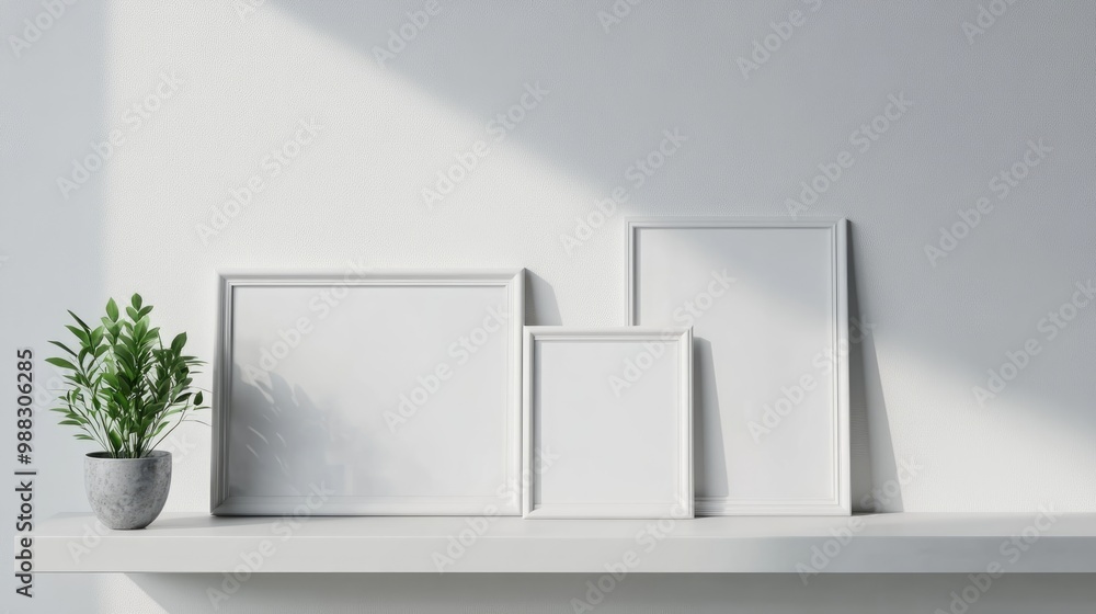 Poster empty photo frames arranged on a floating shelf with a potted plant showcasing a stylish room decor 