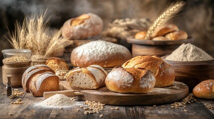 Variety of newly baked bread and bakery items displayed on a wooden table accompanied by wheat flour and spices in the backdrop