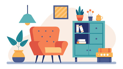 Stylish Living Room Interior Vector  Armchair, Cabinet, Decor Elements on White Background