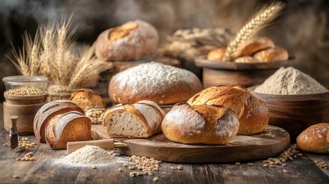 Variety of newly baked bread and bakery items displayed on a wooden table accompanied by wheat flour and spices in the backdrop