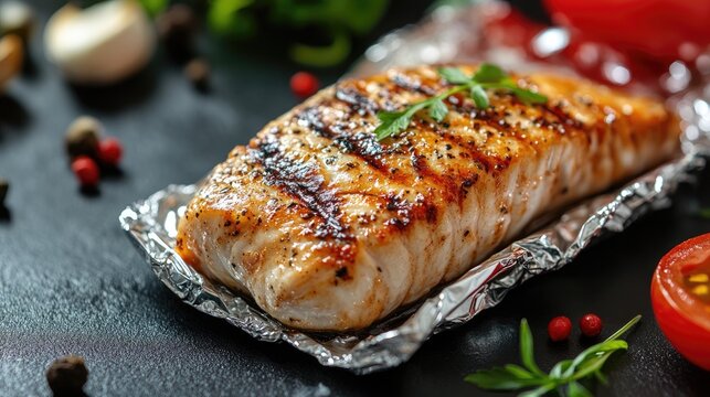 Close up of a premium grilled fish steak wrapped in foil accompanied by fresh ingredients perfect for a food menu design background illustrating quality flavors