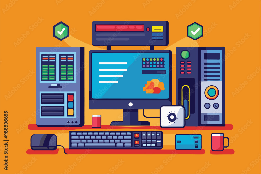 Poster a desktop computer setup featuring a monitor, keyboard, cpu, and various accessories arranged on a v