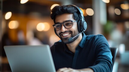 Fototapeta premium A smiling man in headphones using a laptop in a cozy cafe, representing modern technology and remote work culture.