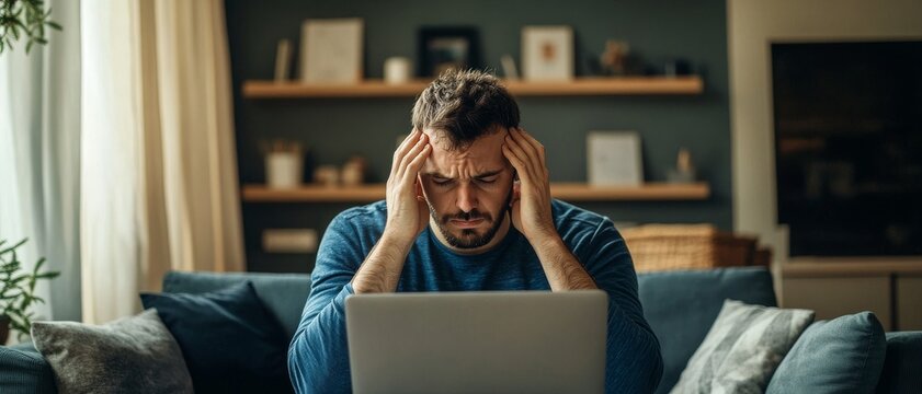 A man experiences stress while working on a laptop at home, showcasing the challenges of remote work and modern life.