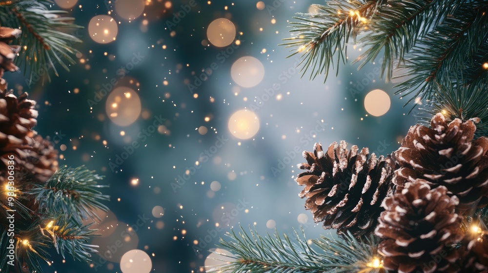 Poster festive coniferous border adorned with cones decorated with bokeh lights and scattered confetti