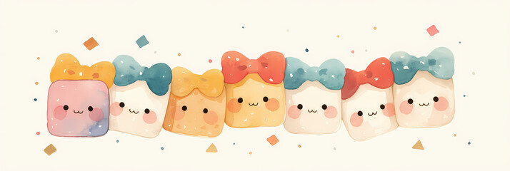 Obraz premium A row of adorable cartoon gift boxes with bows and smiling faces, perfect for a celebration or special occasion.