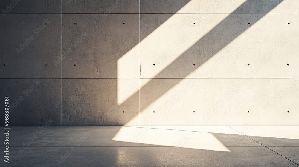 Poster concrete wall room illuminated by natural sunlight streaming from a window creating an abstract inte