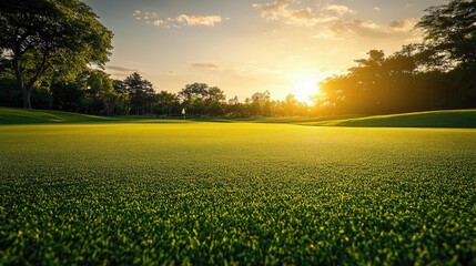 Lush green golf course at sunset highlighting immaculate grass and a tranquil setting ideal for sports enthusiasts and relaxation seekers